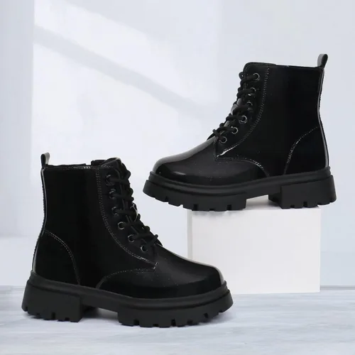 Vista 5 de starmerx Botas de tobillo para niñas, botas de combate con cordones y cremallera lateral, cómodas botas para niños