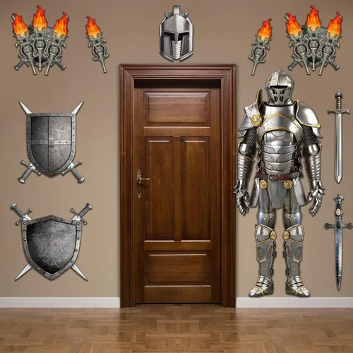 Vista 7 de 15 piezas de decoraciones medievales para fiestas de 6 pies, traje articulado de armadura de caballero recortado, accesorios de antorcha medieval