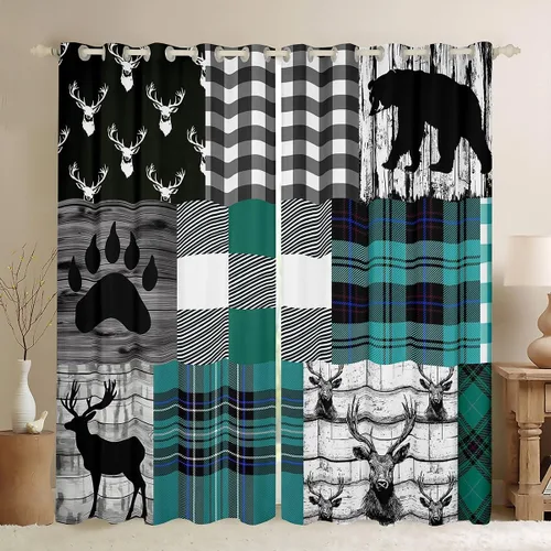 Vista 14 de Erosebridal Cortinas y cortinas geométricas de reno, con diseño de oso y ciervo, cortinas opacas con entramado a cuadros para dormitorio, bosque
