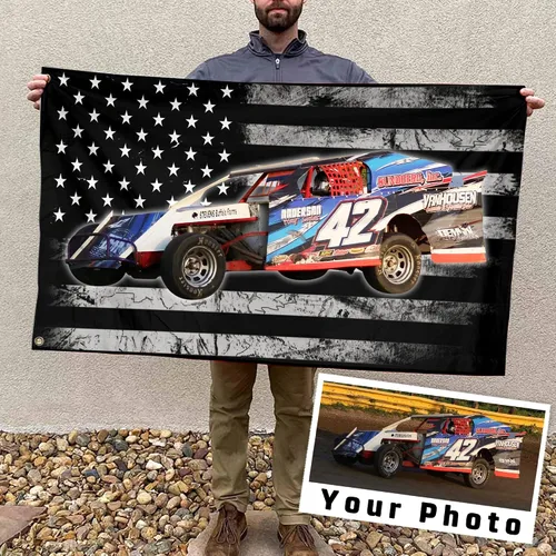 Vista 7 de Sprint Car Racing - Foto personalizada, nombre y número de carreras de bandera estadounidense a cuadros para amantes de las carreras de pista
