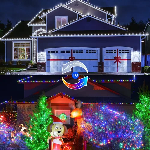 Vista 6 de JMEXSUSS Paquete de 2 luces solares de Navidad impermeables para exteriores, 100 LED de 33 pies, color blanco y multicolor, luces solares de hadas