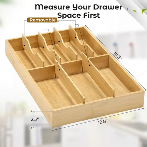 Vista 2 de Fabsome Organizador de cubiertos para cajones de cocina, bandeja de cubiertos de madera de bambú de 2.5 pulgadas de profundidad y 12.8 pulgadas