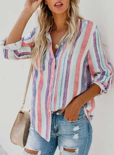 Vista 4 de Astylish - Camisa a rayas para mujer con cuello en V mangas enrollables y botones