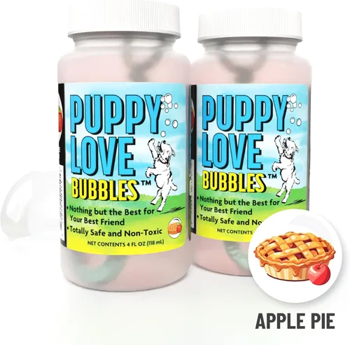 Vista 2 de Atomic Bubbles: Amor de Cachorro Burbujas: Paquete de 2 con Aroma a Tarta de Manzana - Botellas de 4oz, Juguetes Interactivos para Perros, Seguros