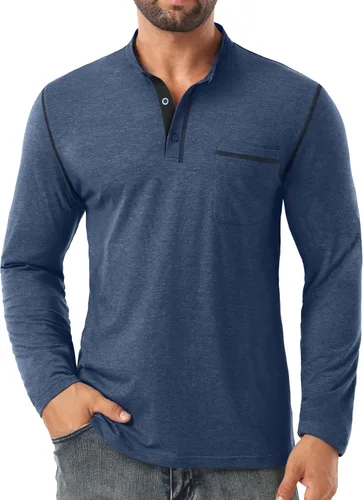 Vista 4 de Sailwind Camisetas Henley para hombre de manga larga con botones, estilo casual, elegante, de algodón, con bolsillo