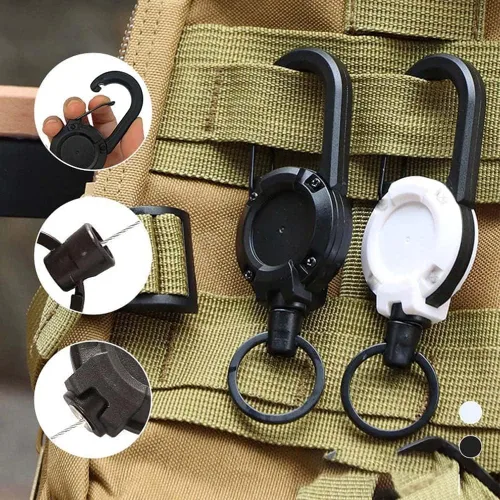 Vista 3 de Luya - Llavero táctico Luya de cuerda de alambre retráctil automática para exteriores, mosquetón, resistente y multiherramienta antirrobo, soporte