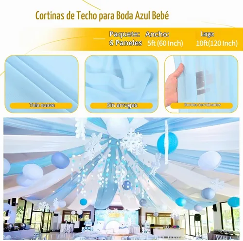 Vista 4 de 6 paneles de cortinas de techo azul bebé para boda, cortinas de techo de 5 pies x 10 pies, tela de drapeado para arco de boda, cortinas