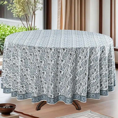 Vista 14 de Mantel redondo con estampado de bloque a mano, 100% algodón, reutilizable, color verde espárragos, 60 pulgadas, mantel decorativo para uso diario