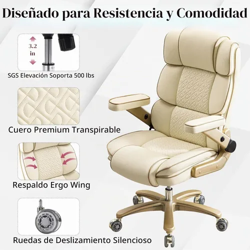 Vista 6 de Silla de oficina grande y alta, 500 libras, reposabrazos 5D, silla ejecutiva de cuero resistente con asiento cómodo, lumbar ajustable, respaldo Beige