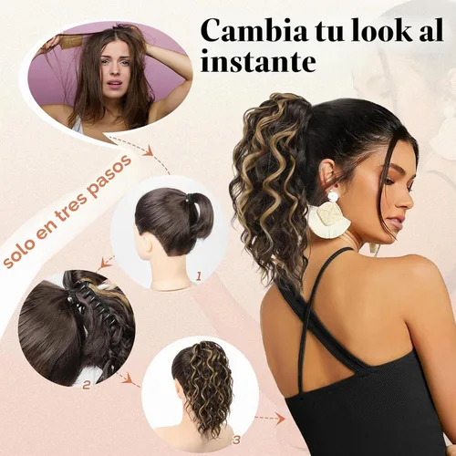 Vista 5 de Flufymooz Extensión de cola de caballo, extensión de cola de caballo corta de 12 pulgadas con pinza de garra, cabello ondulado rizado, clip