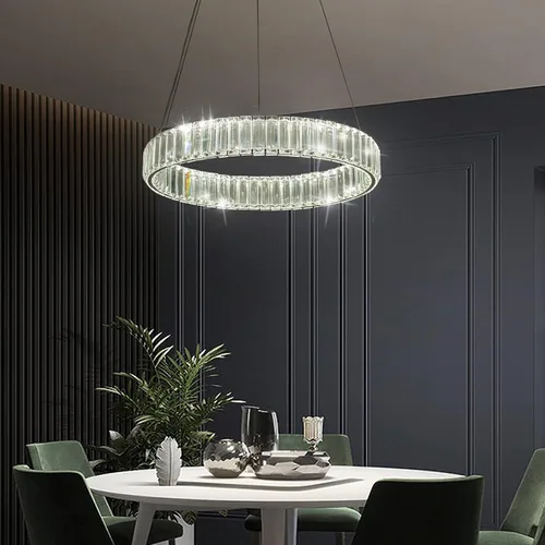 Vista 8 de Candelabros modernos de cristal con control remoto, 3000-6000 K 20 pulgadas, anillo de oro de 20 pulgadas, lámpara LED regulable de cristal redondos