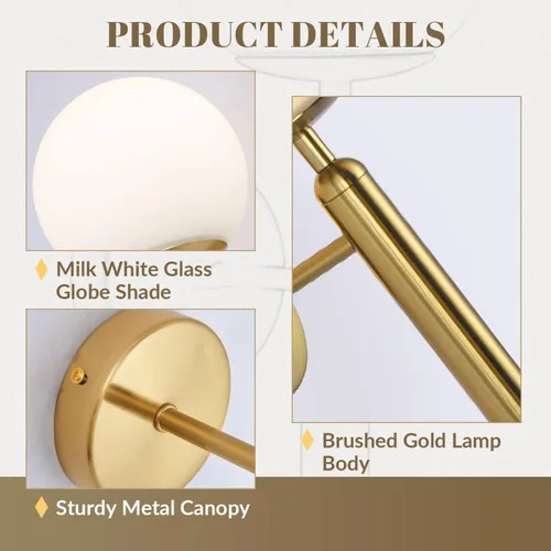 Vista 3 de KCO Lighting - Juego de dos apliques de pared de latón con forma de globo de vidrio de leche, aplique de pared dorado cepillado, modernos accesorios