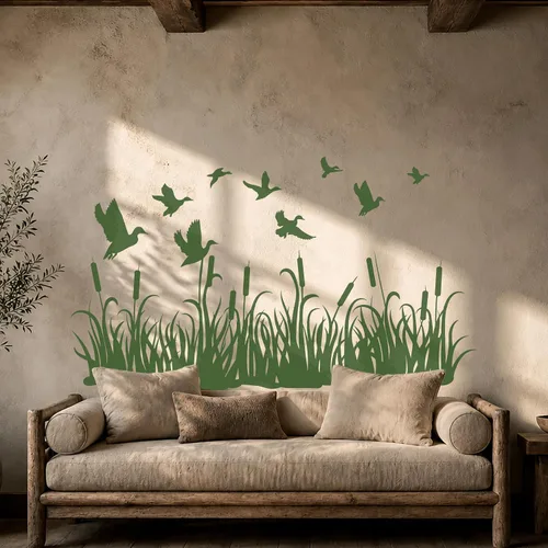 Vista 4 de Vinilo adhesivo para pared, diseño de patos de caza, prado, hierba, naturaleza, mural, decoración grande (g3785), color negro