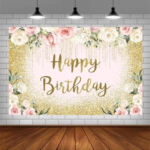 Vista 3 de Sendy Telón de fondo de feliz cumpleaños de 7 x 5 pies con purpurina dorada para decoración de fiesta de cumpleaños para niña y mujer, princesa, Rosa