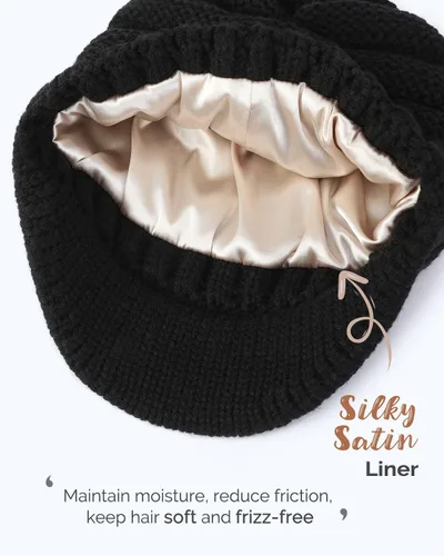 Vista 3 de Hat Hut Gorros de invierno para mujeres y hombres, con forro de satén, gorro de invierno para mujer, gorro con visera de ala