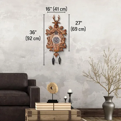 Vista 11 de Reloj de cuco con modo nocturno automático, cabeza de ciervo tallada a mano y decoraciones de madera (marrón)