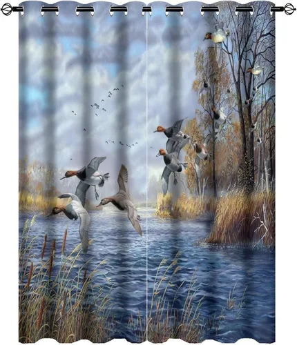 Vista 59 de Cortinas opacas rústicas de cabaña con osos y ciervos - Juego de cortinas de ventana con ojales de temática de granja abstracta, caza, animal