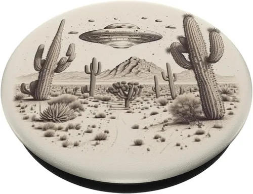 Vista 2 de Flying Aliens UFO Platillo rodeado de cactus, PopSockets intercambiables PopGrip