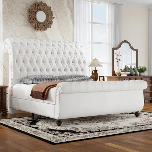 Vista 9 de Jocisland - Base de cama estilo carruaje tamaño Queen, cama de plataforma tapizada en terciopelo con cabecero y pie de cama con estampado de scroll