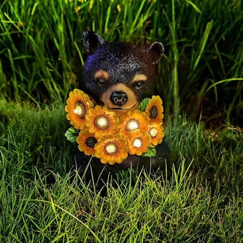 Vista 8 de Luces solares de jardín para exteriores, estatuas de oso negro con girasoles, decoración de escultura, regalos de madre para mujeres, hombres