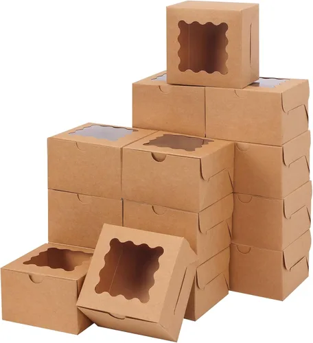 Vista 15 de Moretoes 24 cajas de panadería con ventana, 4 x 4 x 2.5 pulgadas, cajas de galletas marrones para pasteles pequeños, galletas y postres