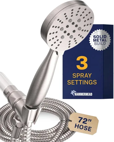 Vista 9 de HammerHead Showers Solid Metal 3-Spray Handheld Shower Head with Long Hose and Holder, High Pressure, Wide/Massage/Mist Sprays, Brushed Nickel, 1.75