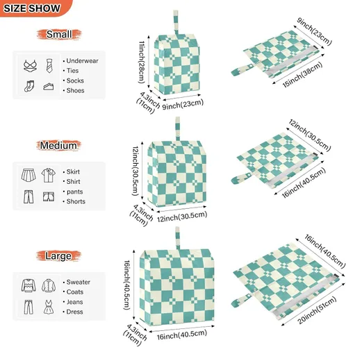 Vista 3 de Teal Beige Checkered 3pcs Travel Packing Storage Bags Portable Organizer Closet Storage Suitcase Organizer Bag Travel Suitcase Organizer