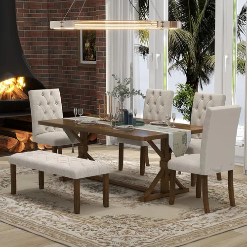 Vista 11 de LUMISOL Farmhouse - Juego de mesa de comedor de 6 piezas con banco, marrón + blanco lavado