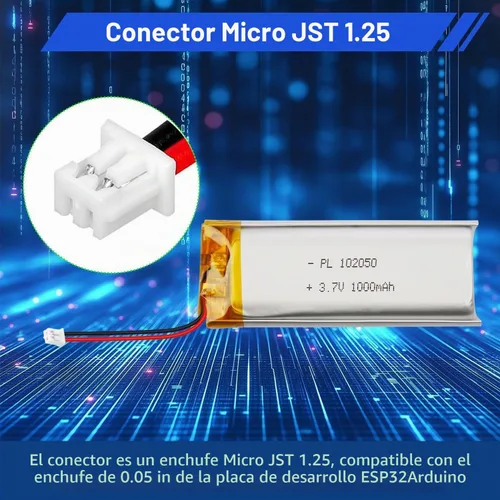 Vista 4 de Batería de 3.7V 1000mAh 102050 1S LiPo, Micro JST 0.05 in 2-Pin