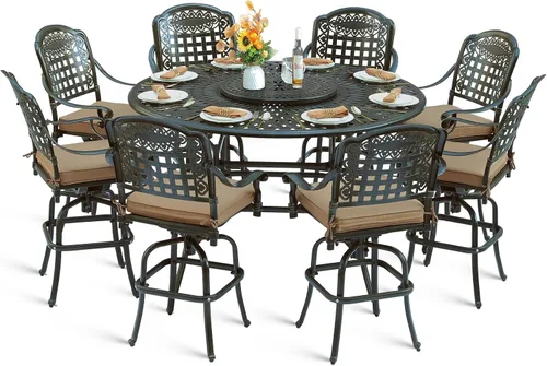 Vista 17 de Juego de barra para exteriores de 10 piezas, muebles de bar de aluminio fundido para todo tipo de clima con 8 taburetes de bar giratorios Bronce