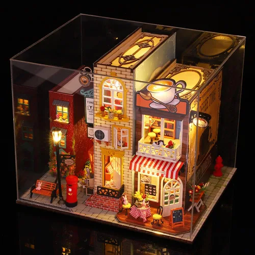 Vista 6 de Roroom Kit de casa de muñecas en miniatura y muebles, modelo de casa de muñecas de madera 3D con cubierta a prueba de polvo y movimiento musical