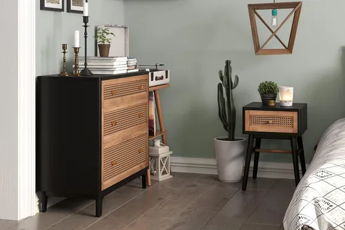 Vista 3 de COZAYH Mesita de noche de estilo granja moderna completamente ensamblada con líneas limpias, mesa auxiliar con 1 cajón, negro