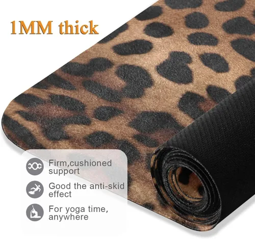 Vista 4 de Tapete de yoga con estampado de leopardo, antideslizante, de goma natural, para entrenamiento en casa, gimnasio, estiramiento, pilates, con bolsa