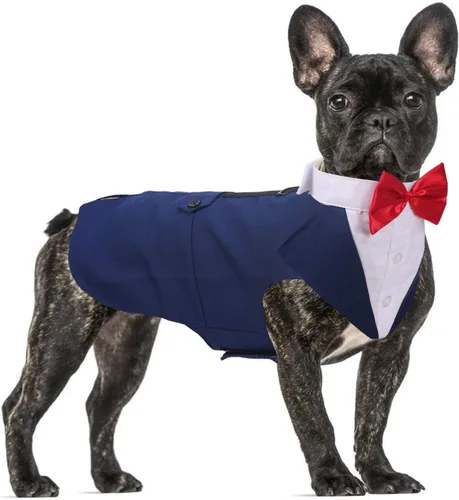 Vista 10 de QBLEEV Esmoquin para perros pequeños, conjunto de traje y bandana, traje de boda con corbatín, disfraz formal de esmoquin para Halloween, Navidad
