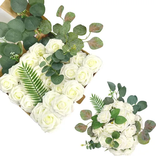 Vista 10 de Flores de seda, ramo de flores artificiales, caja combinada de flores artificiales con tallos para arreglos florales, ramos de boda, fiesta, hogar