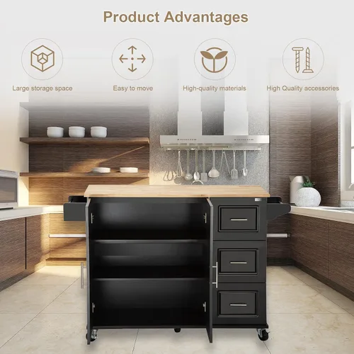 Vista 2 de Isla de cocina con mesa de madera de goma extensible, carrito de servicio móvil para microondas con estante de especias y asa, carrito grande