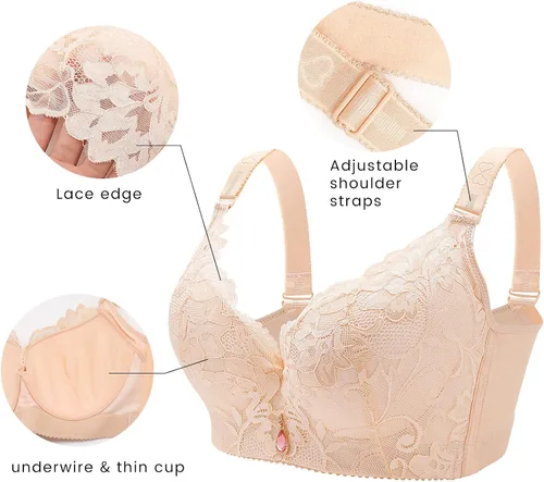 Vista 4 de Brasier de encaje, copa C de tamaño grande, espalda amplia, push up, para mujer