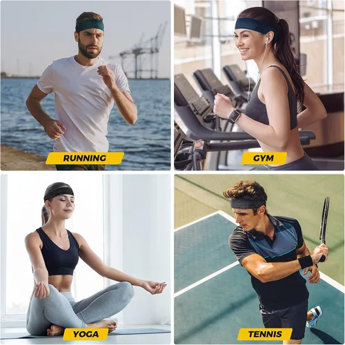 Vista 3 de VULKIT Paquete de 5 diademas deportivas para hombres o mujeres, bandas antideslizantes para la cabeza, bandas elásticas que absorben la humedad