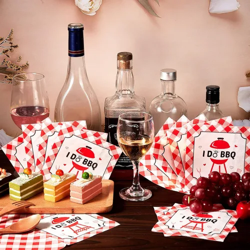 Vista 3 de Gueevin 100 servilletas de cóctel I Do BBQ, decoraciones de barbacoa rojo y blanco, servilletas a cuadros de papel desechable para bodas, despedidas