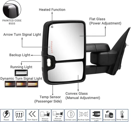 Vista 3 de Espejo de remolque Switchback Compatible con espejos de remolque 2014-2018 Chevy Silverado GMC Sierra con vidrio ajustado por electricidad