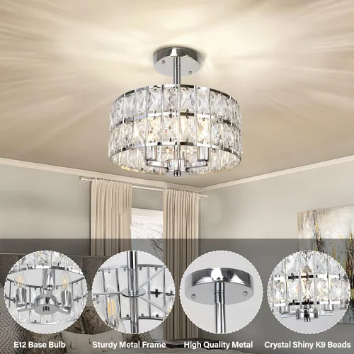 Vista 2 de Lámpara de techo redonda de cristal de 3 luces, moderna lámpara de pasillo de 12.6 pulgadas, lámpara de cocina semiempotrada cromada con pantalla