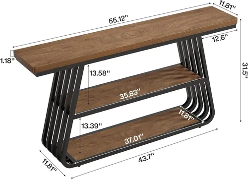 Vista 2 de Tribesigns Mesa de entrada de 55 pulgadas con estantes, mesa consola de 3 niveles con marco de hierro, mesa de entrada de madera para sala de estar