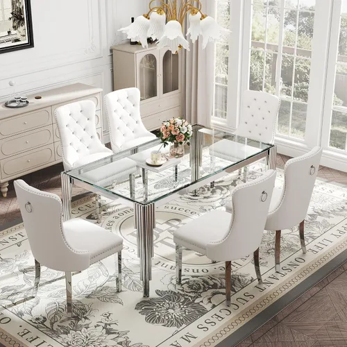Vista 32 de Juego de mesa de comedor de cristal de 5 piezas para 4, mesa de cocina cuadrada de 37 pulgadas con 4 sillas tapizadas de terciopelo negro, mesa