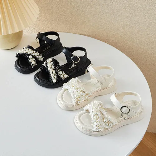 Vista 5 de BININBOX Sandalias planas de verano para niñas pequeñas y grandes, con purpurina y puntera abierta, antideslizantes, suela de goma suave, zapatos