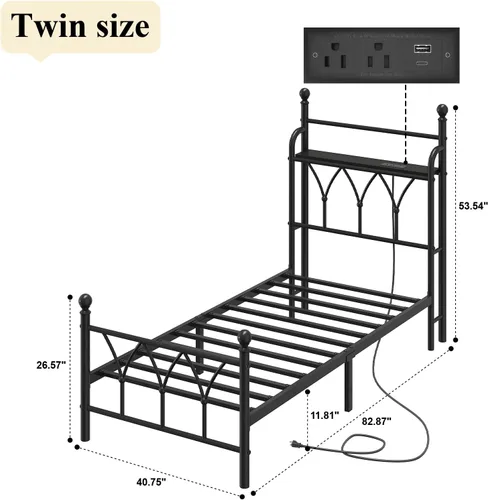 Vista 2 de E-Ser Marco de cama de plataforma de metal tamaño twin con cabecera de almacenamiento, marco de cama con luz LED, estación de carga integrada