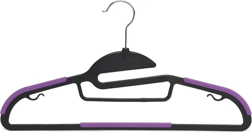 Vista 2 de Amazon Basics Perchas de plástico con revestimiento de goma antideslizante que ahorran espacio con gancho giratorio de 360 grados, negro/morado