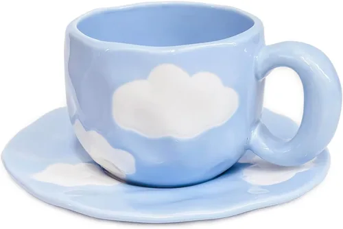 Vista 10 de Noviko Taza de Cerámica a Cuadros Juego de Taza de Té y Platillo de 10 onzas