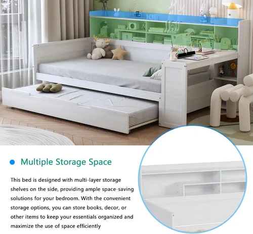 Vista 5 de Polibi Cama diurna de madera tamaño twin con estantes de almacenamiento, escritorio integrado y cama nido tamaño twin, cama multifuncional