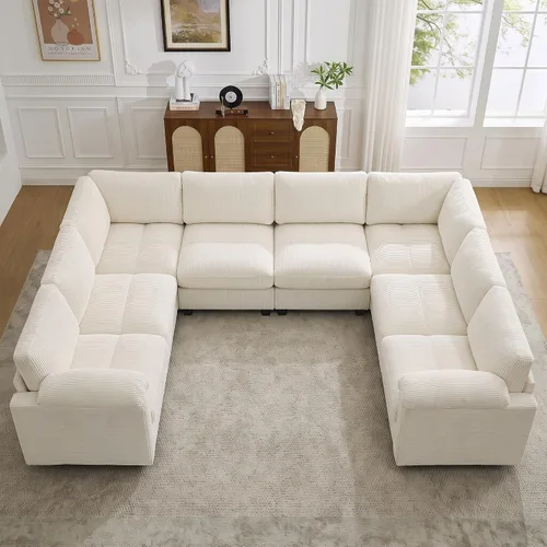 Vista 9 de Sofá modular de 61 pulgadas con otomana, asiento extra profundo para sala de estar, sofá de asiento profundo de pana con almohadas para Beige