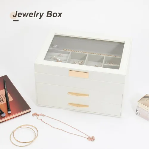 Vista 6 de V-LAFUY Joyero con tapa de vidrio, caja organizadora de joyas de 3 capas y 2 cajones, vitrina de joyería, organizador de joyas, cajas de joyería